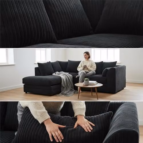 SofaSelection Jumbo Cord Left Hand Corner Sofa in Black, L-Shaped 4-5 Seater Fabric Couch with Deep-Filled Scatter Cushions, W/D/H: 212 x 90 x 90 cm – 5