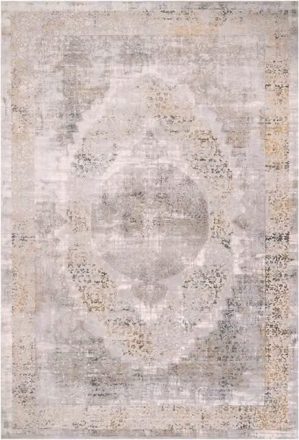Kukoon Grey and Gold Metallic Traditional Medallion Low Pile Area Rug, W: 70 cm, L: 240 cm