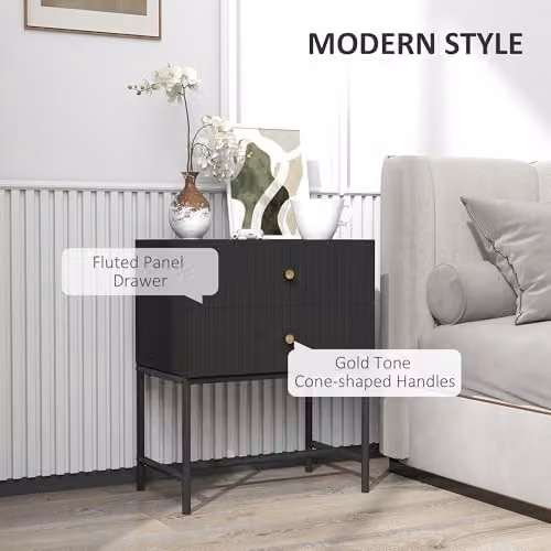 HOMCOM Modern Bedside Table Set of 2 with 2 Drawers in Black and Gold – 4
