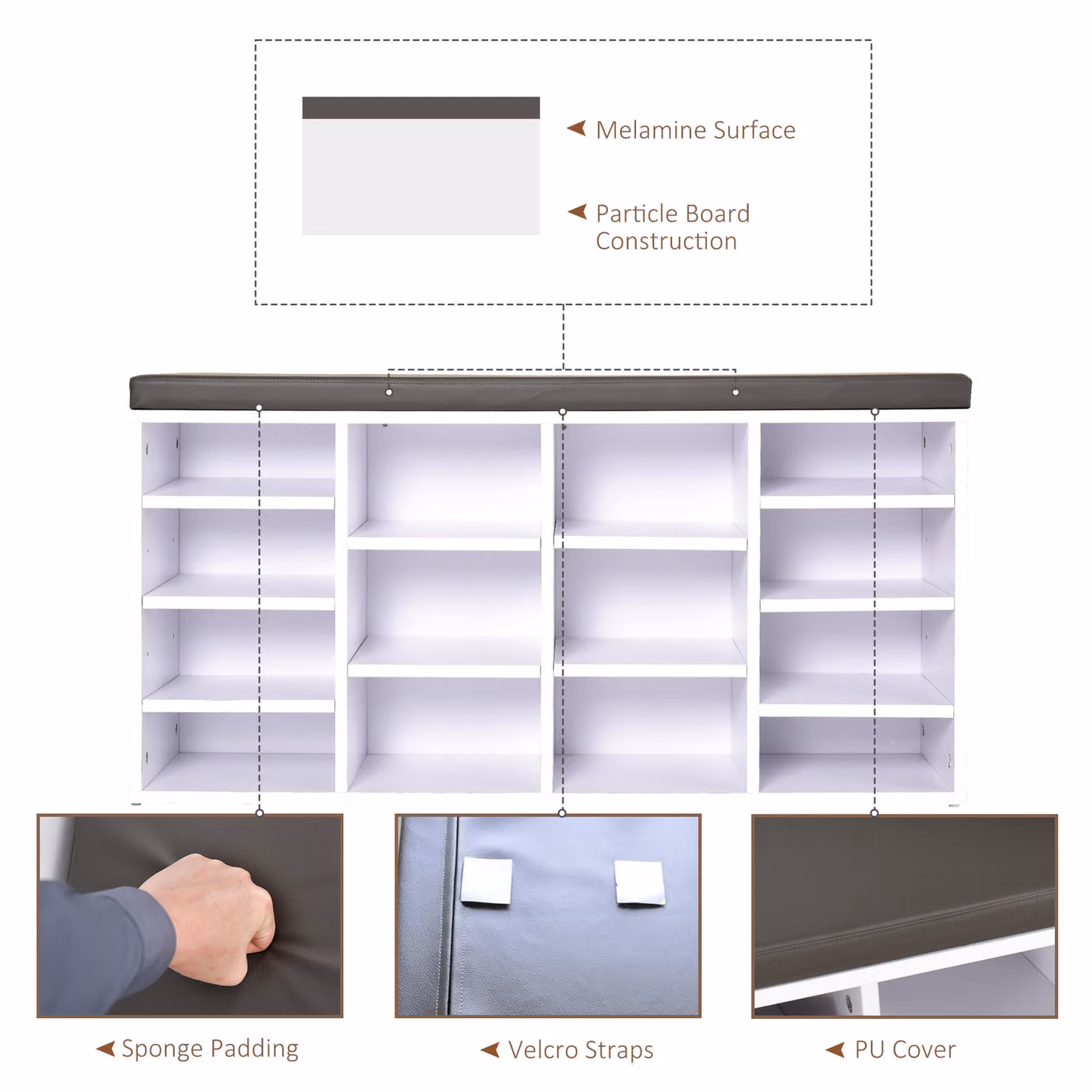 HOMCOM Multi-Storage Shoe Rack with 14 Compartments and Cushion in White – 3