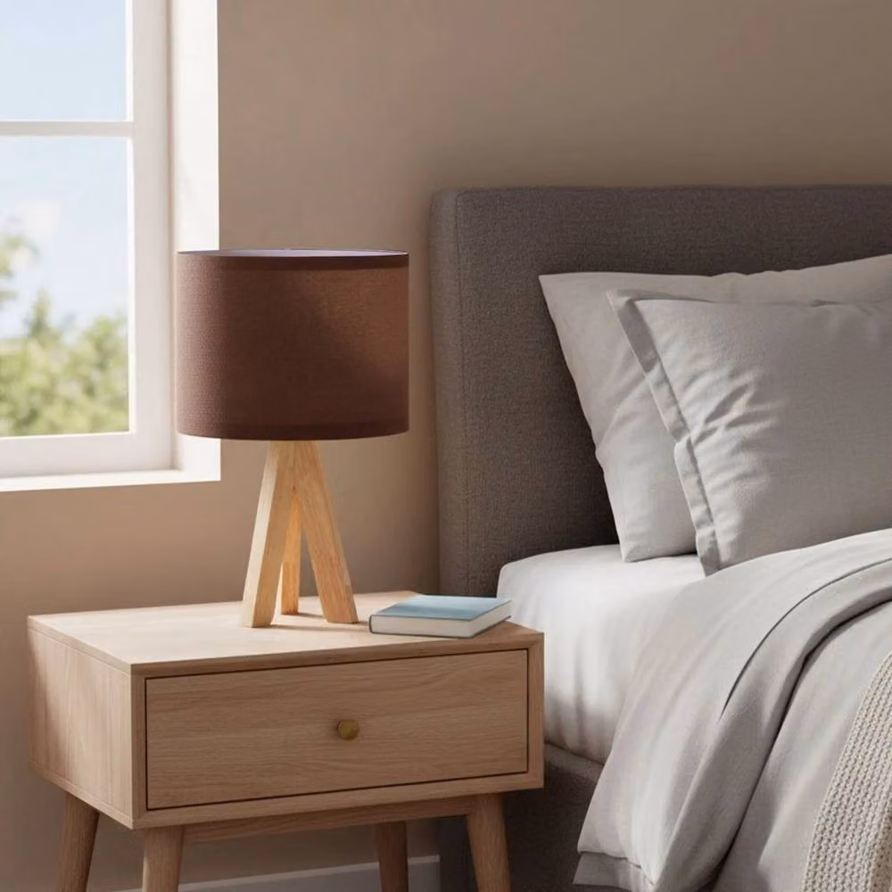 EONLION Rustic Brown Wooden Table Lamp with Fabric Shade and E27 Bulb – 3