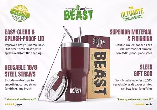 Greens Steel Beast Tumbler in Red, 900 ml, Reusable Double Walled Stainless Steel Vacuum Insulated Mug with Lid – 2