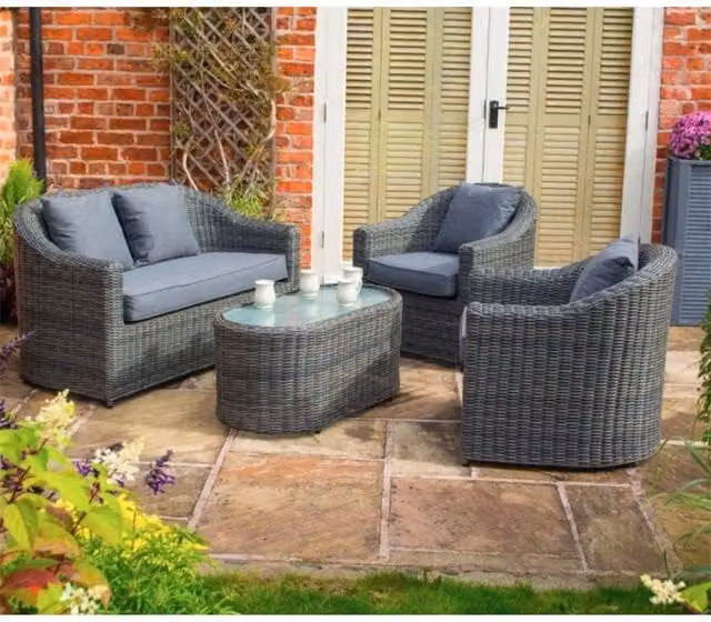 Cheshire 4 Seater L-Shape Grey Polyrattan Garden Sofa Set with Coffee Table and Cushions – 1