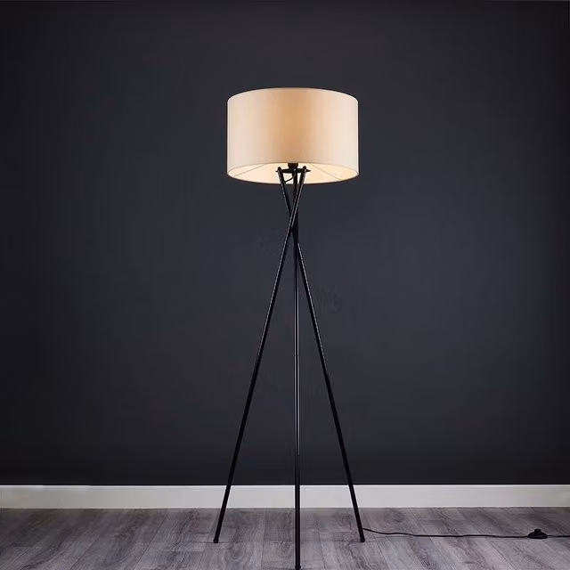 ValueLights Camden Black Metal Tripod Floor Lamp with Beige Fabric Cylinder Shade – 2