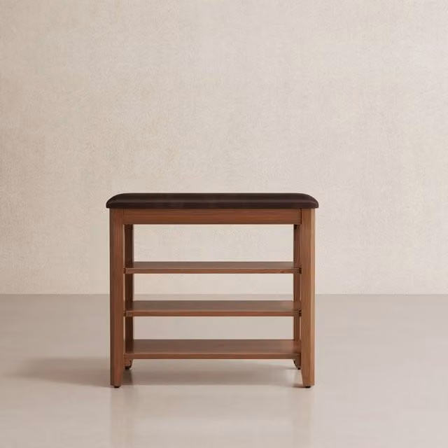 YQJJGL 3-Tier Solid Wood Shoe Bench with Synthetic Leather Cushioned Seat in Walnut Brown, Width: 60 cm