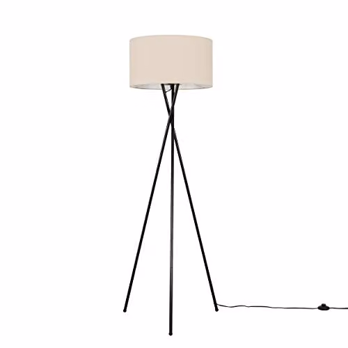 ValueLights Camden Black Metal Tripod Floor Lamp with Beige Fabric Cylinder Shade
