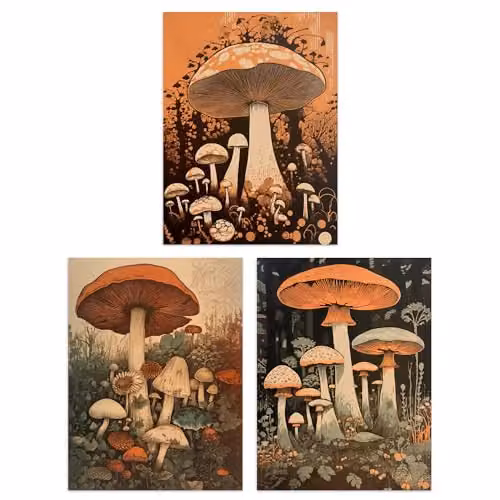 Artery8 Set of 3 Botanical Fungi and Mushroom Unframed Paper Poster Prints, Multicolour Vintage Nature Wall Art – 1
