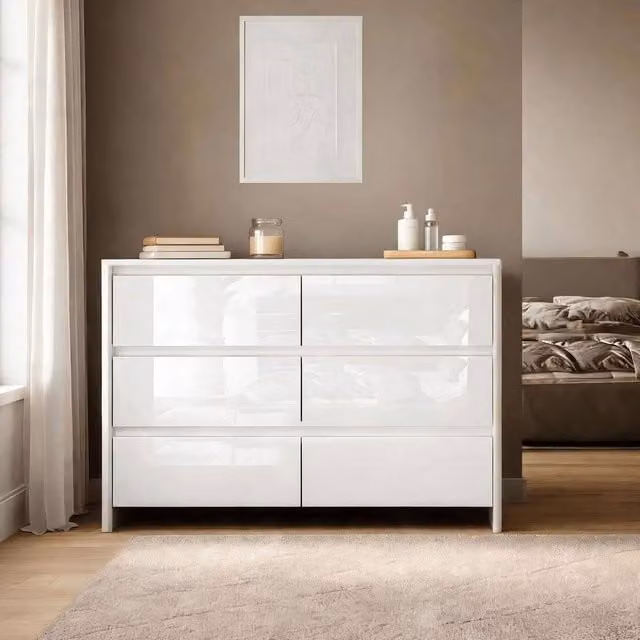 Home Source Ardenza High Gloss 6 Drawer Wide Chest of Drawers in White W/D/H: 120 x 39 x 77 cm