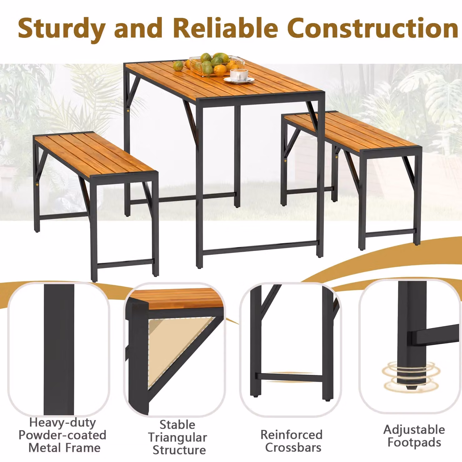 Costway 3-Piece Acacia Wood Patio Dining Set with Rectangular Picnic Table and 2 Benches in Brown – 3