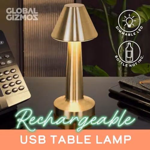 Global Gizmos 66379 LED Table Lamp, USB Rechargeable Dimmable Bedside Night Light in Brass, H 20 cm x W 9 cm – 3