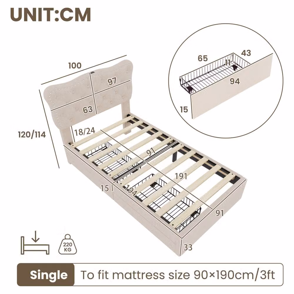 Matteo Single Upholstered Bed Frame with Storage Drawers and USB Charging Port in Beige – 5