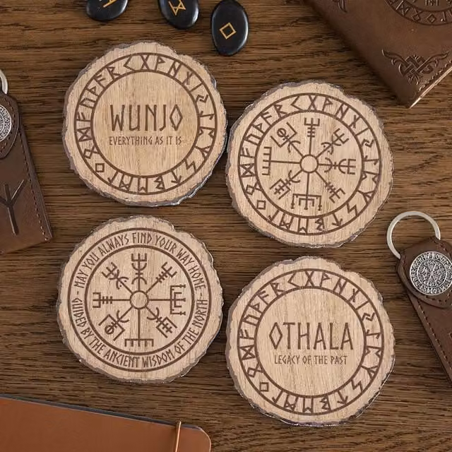 Uniqueful Set of 4 Round Brown Wood Slice Coasters with Norse Mythology Designs – 1