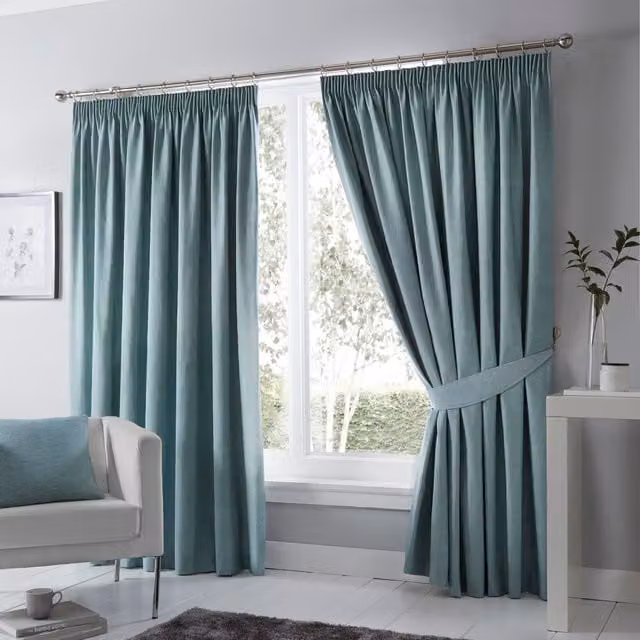 Terrys Fusion Dijon Blackout Ready Made Pencil Pleat Curtains in Duckegg Blue