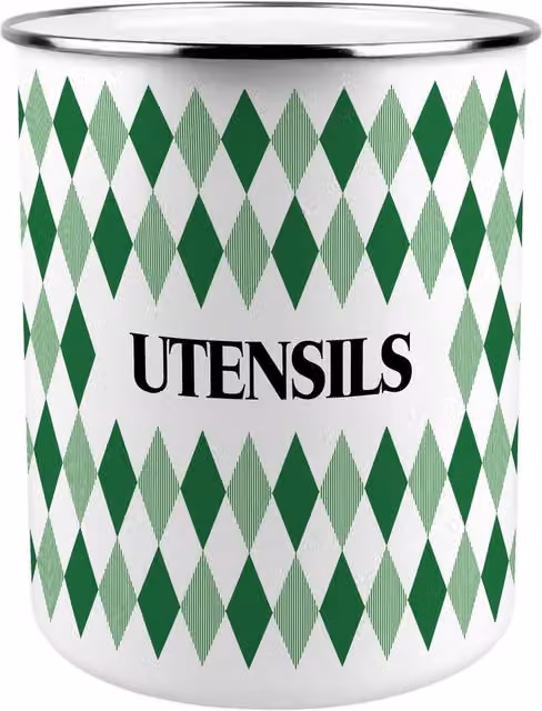 Purely Home Round Ceramic Kitchen Utensil Holder in Green Argyle Print