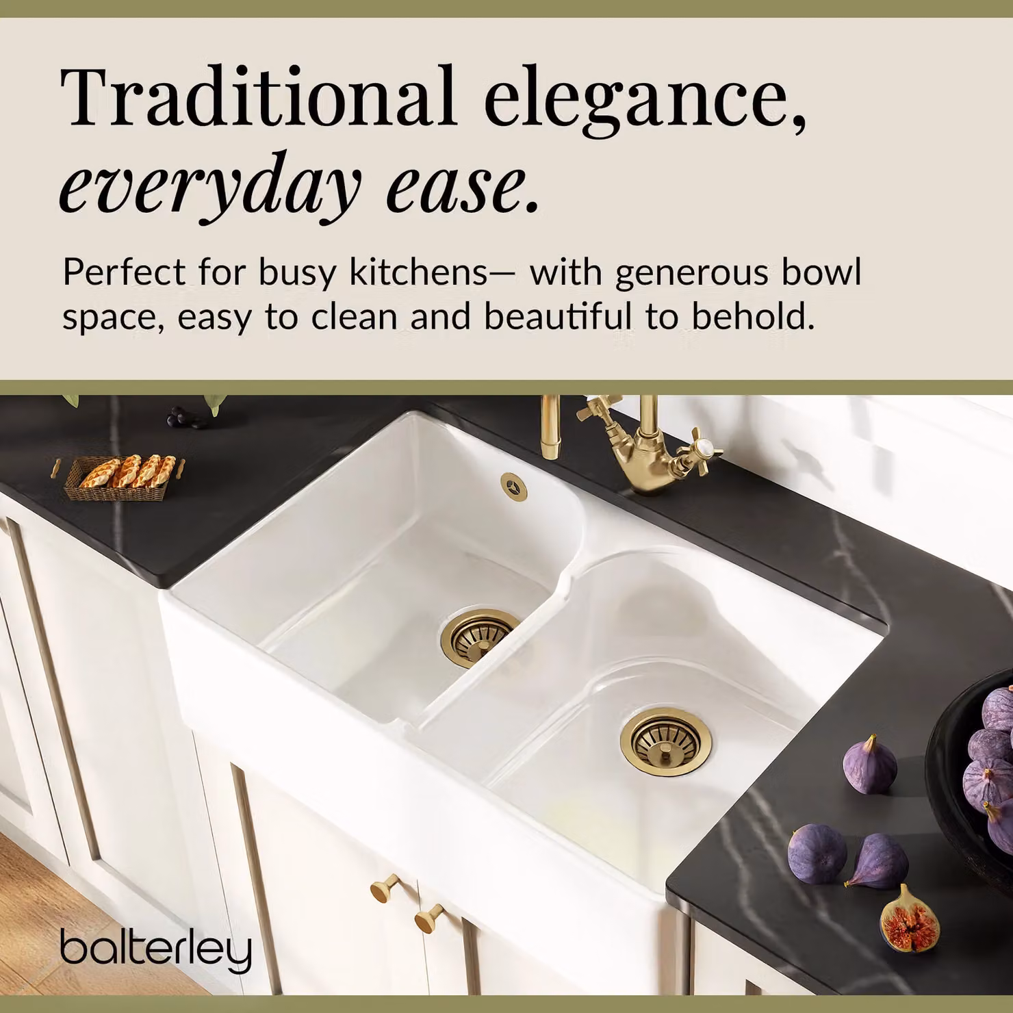 Balterley White Ceramic 2 Bowl Stepped Weir Butler Undermount Kitchen Sink with Overflow and No Tap Hole – 3
