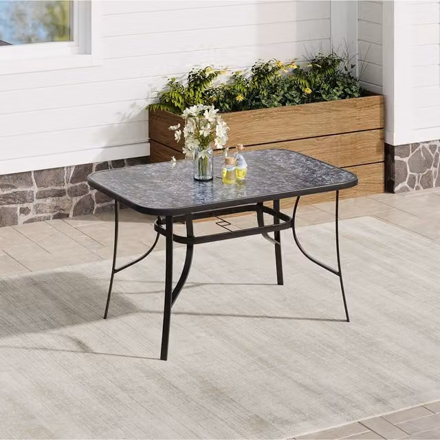 Komore Black Marble Effect Tempered Glass Garden Table with Parasol Hole