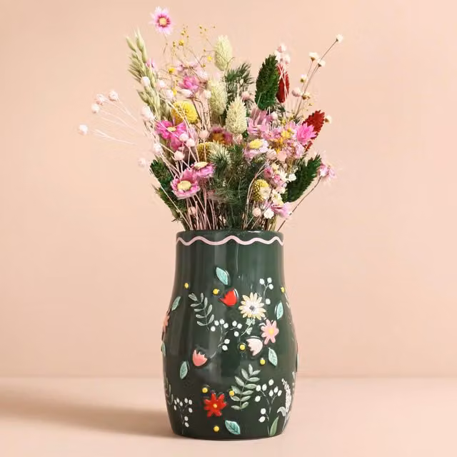 Lisa Angel Ceramic Floral Tabletop Flower Vase in Dark Green