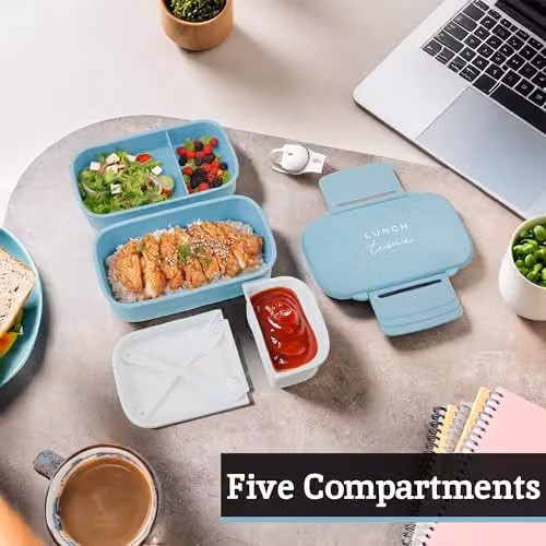 Premier Housewares Blue Leakproof Bento Lunch Box with Compartments and Cutlery – 4