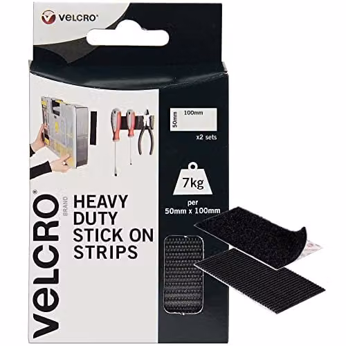 VELCRO Brand Heavy Duty Stick On Double Sided Hook and Loop Self Adhesive Strips, Black, W: 50 mm, L: 100 mm, Set of 2