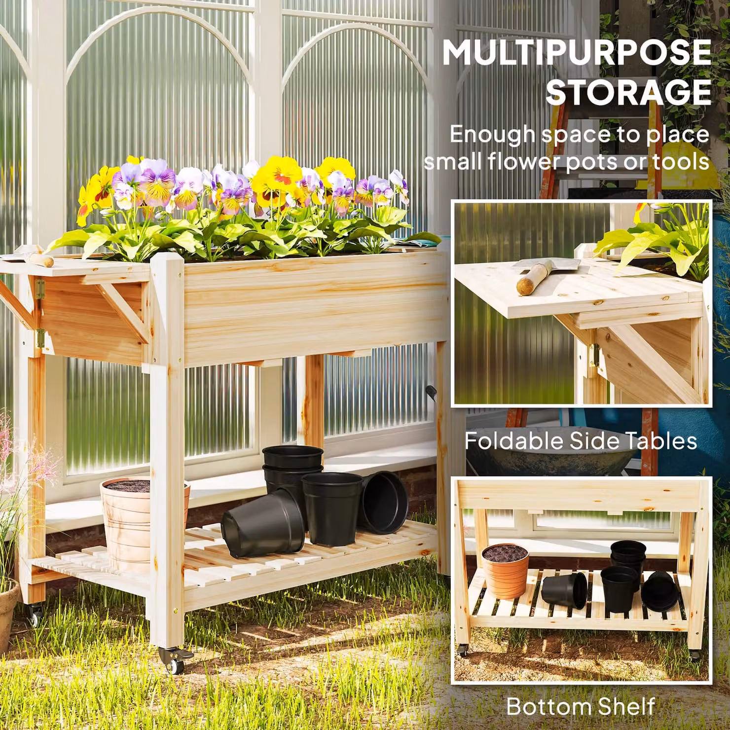 OUTSUNNY Natural Wooden Raised Planter with Liner and Lockable Wheels, W/D/H: 52.0 x 46.0 x 86.0 cm – 3
