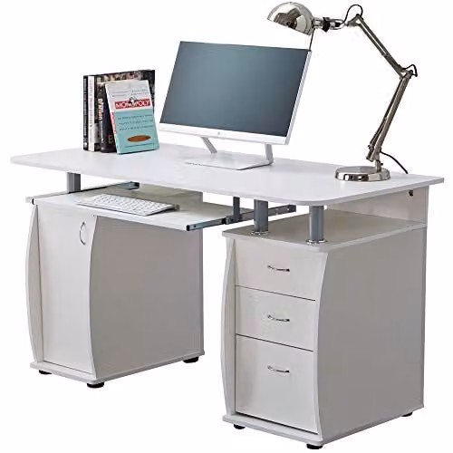 RayGar White Deluxe Design Computer Desk with Storage Cabinet and 3 Drawers, W/D/H: 120 x 55 x 74 cm