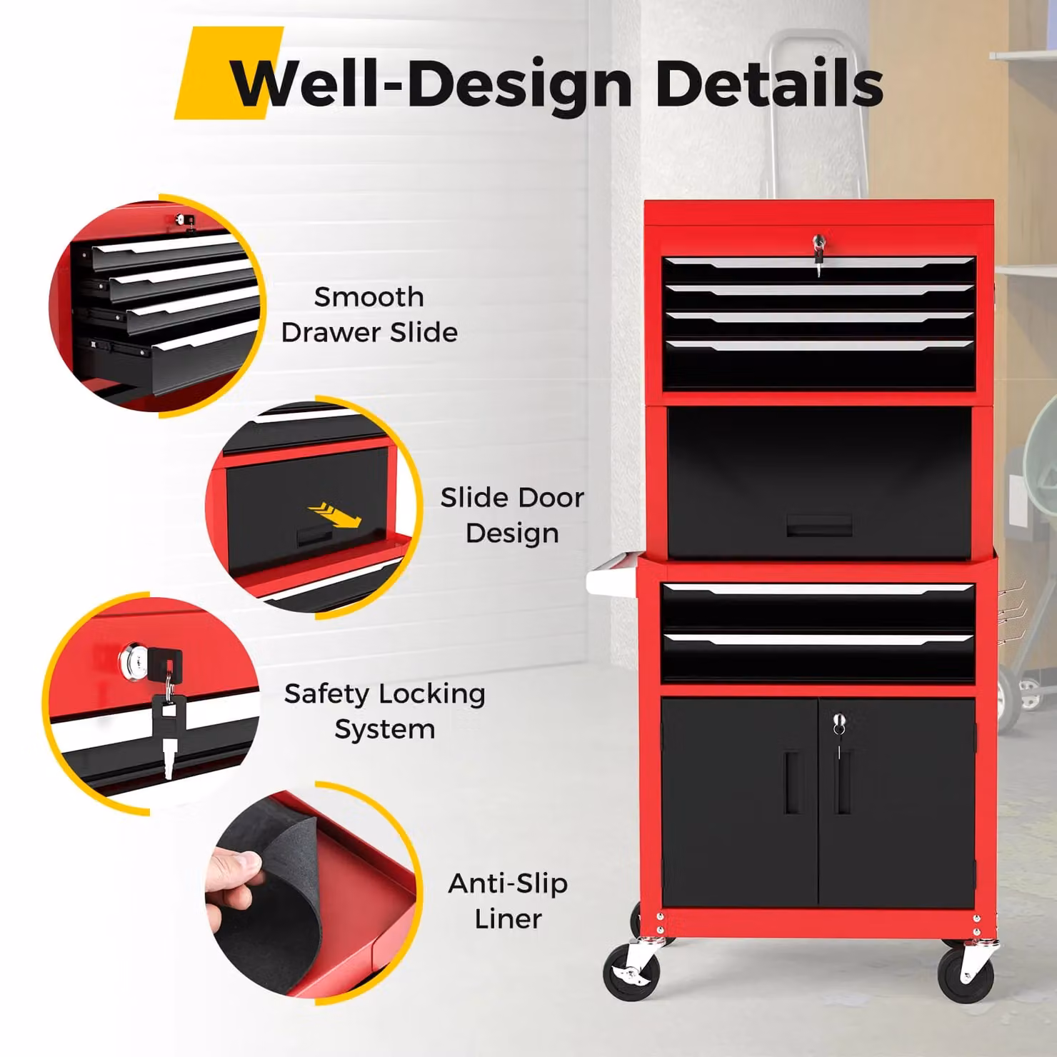 Costway 6-Drawer Heavy-Duty Rolling Tool Chest and Lockable Storage Cabinet in Red – 5
