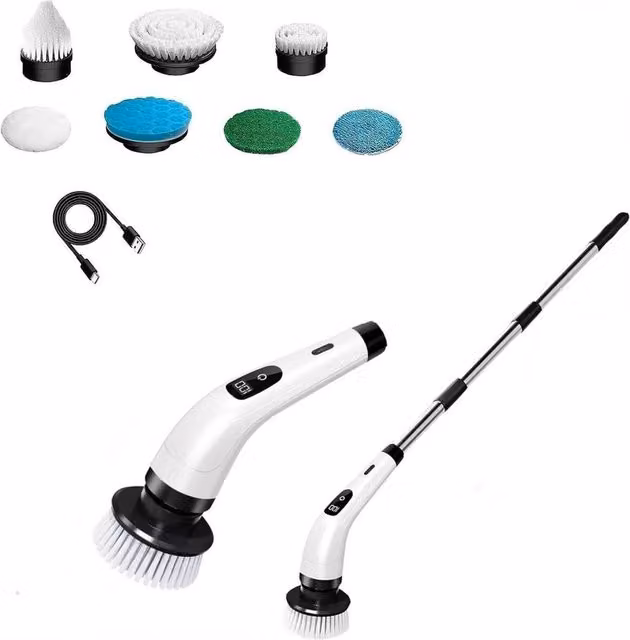 VOGREX Cordless Electric Spin Scrubber with Adjustable Turbo Cleaning Brush and Extension Pole, White and Multicolour