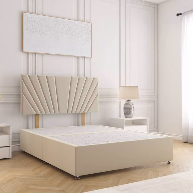 BSSPOKE Maria Super King Plush Velvet Divan Bed with 24 inch Headboard in Cream