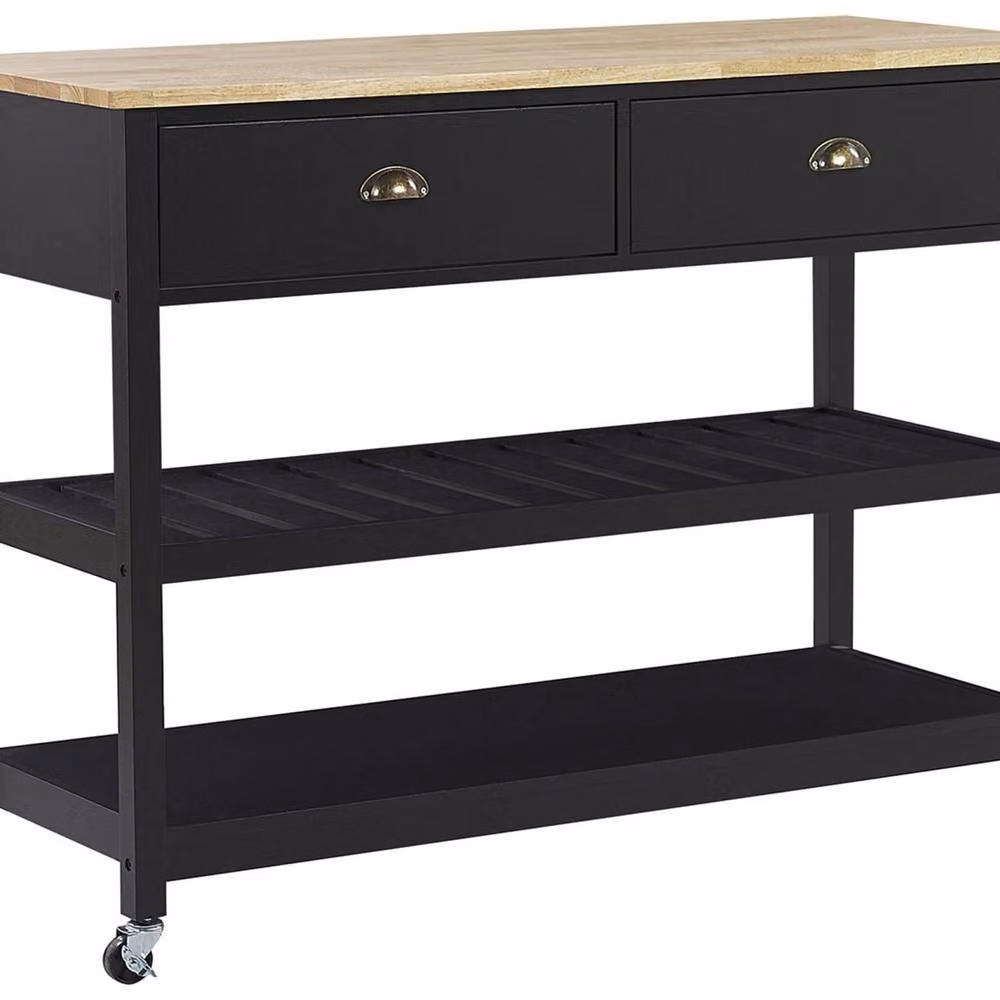 Wyld and Coco Nordic Scandinavian Kitchen Trolley in Black with Rubberwood Top, 2 Drawers and 2 Shelves – 2