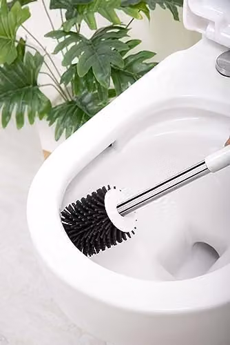 Nicoman Round Toilet Brush and Holder Set with Silicone Head and Stainless Steel Handle, White and Grey – 3
