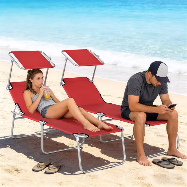 Outsunny Foldable Reclining Sun Lounger with Adjustable Sun Canopy in Red