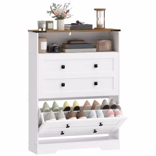 HOMCOM Narrow Shoe Cabinet with Tilting Compartments and Internal Shelves, White/Brown/Black