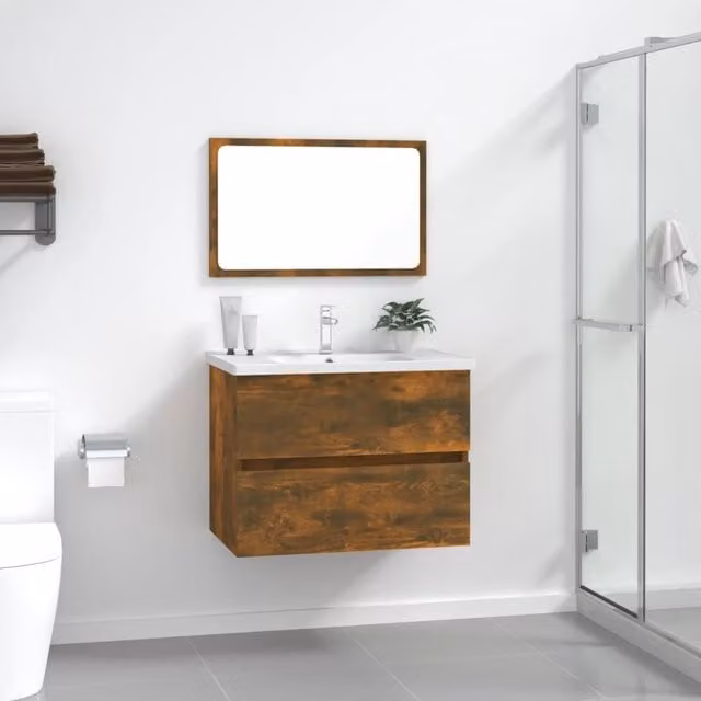 Berkfield Home 2 Piece Modern Bathroom Furniture Set in Smoked Oak Brown, featuring a Vanity Unit and Mirror Cabinet