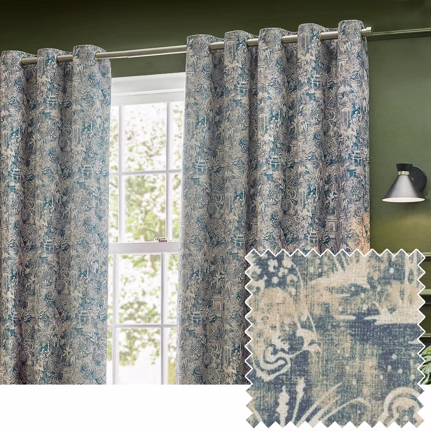 Wylder Tropics Bengal Blue Chenille Eyelet Curtains, Width: 229 cm, Drop: 137 cm – 5