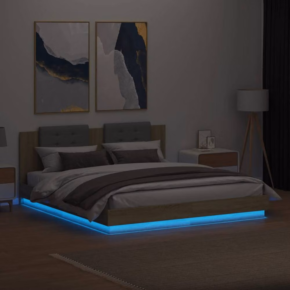 Berkfield Home Durable Bed Frame with LED Under-Bed Lighting in Sonoma Oak and Light Tan, W: 160 cm, L: 200 cm – 3