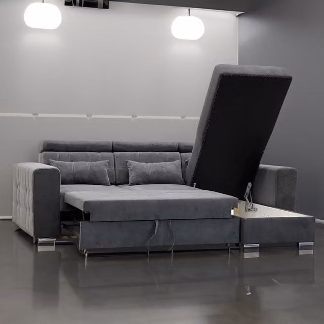 Furnishings For Less UK Miami Grey Fabric Reversible L Shaped Corner Sofa Bed with Storage and Adjustable Headrests, 3-4 Seater, W/D/H: 250 x 135 x 90 cm – 1