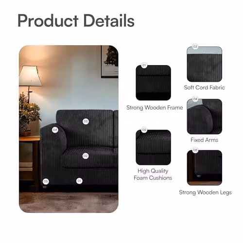 SOFASELECTION UK Jumbo Cord High Back 4 Seater Left Hand Facing Corner Sofa in Brown or Black – 4