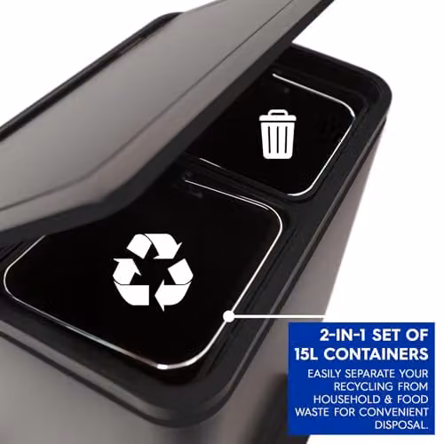 Harbour Housewares 30L Stainless Steel Double Kitchen Pedal Bin with Soft Close Compartments and Removable Inner Buckets, Black – 2