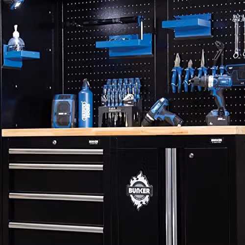 Draper BUNKER 04488 Modular Storage Combo with Hardwood Worktop, 11-Piece Black Steel and Wood Lockable Unit – 4