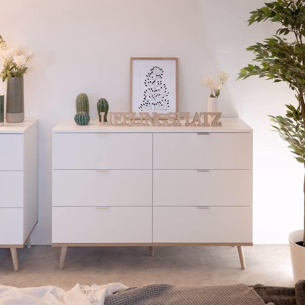 CALICOSY Copenhagen 6-Drawer Chest of Drawers in White and Brown Oak Finish – 2