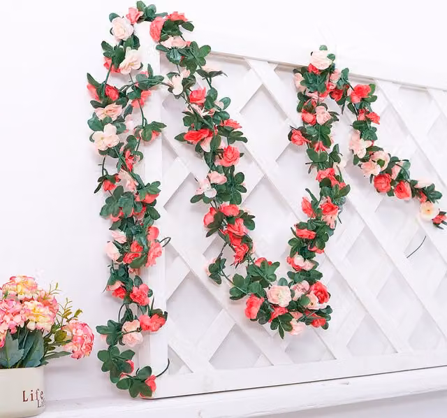 Livingandhome Red and Pink Artificial Rose Hanging Vine Garland with Floral Foliage