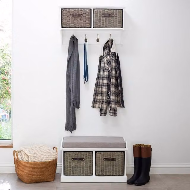Statement Furniture Tetbury Hallway Set in White with Grey Faux Rattan Baskets and Grey Cushion