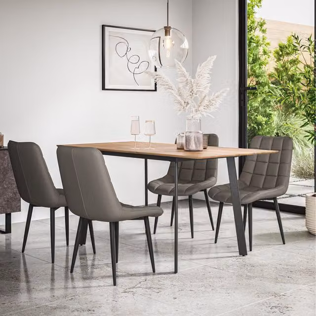 More4Homes Haydon Extending Oak Effect Dining Table Set with 4 Grey Nova Faux Leather Chairs, W: 120 cm, D: 76 cm, H: 76 cm