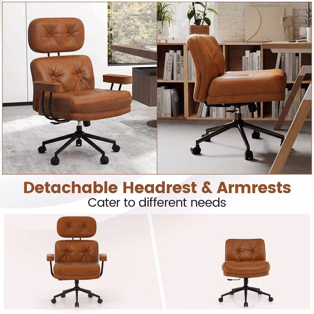 Gymax Brown Synthetic Leather Upholstered Office Chair with Tufted Seat, Headrest and Swivel Castors – 6