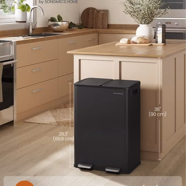 SONGMICS Dual-Compartment Pedal Kitchen Bin, 2 x 8 Gallon, Black