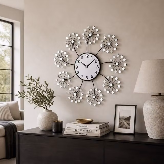 Orsina by Interiors by Premier Silver Mirrored Floral Round Wall Clock, Diameter: 60 cm – 2