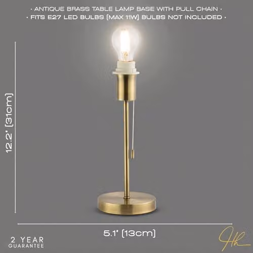 Happy Homewares Classic Metal Table Lamp Base in Gold/Brass with Pull Chain Switch, H 31 cm x W 13 cm x D 13 cm – 2