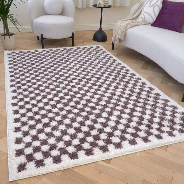 The Rugs Moodi Checkerboard Patterned Shaggy Rug in Purple and Cream