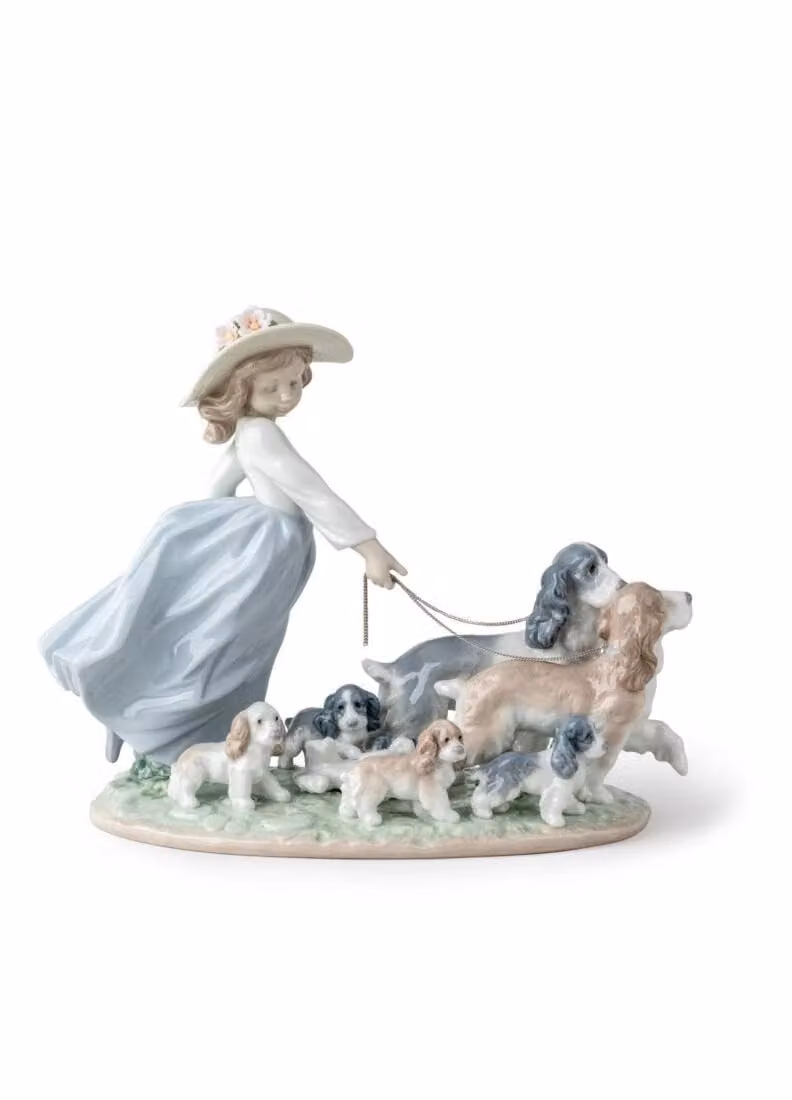 Lladró Puppy Parade Girl with Dogs Multicolour Porcelain Figurine