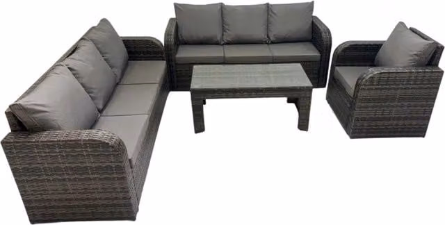 Fimous 7 Seater Grey PE Rattan Garden Furniture Set with Reclining Sofa, Lounge Armchairs, Coffee Table and Upholstered Cushions